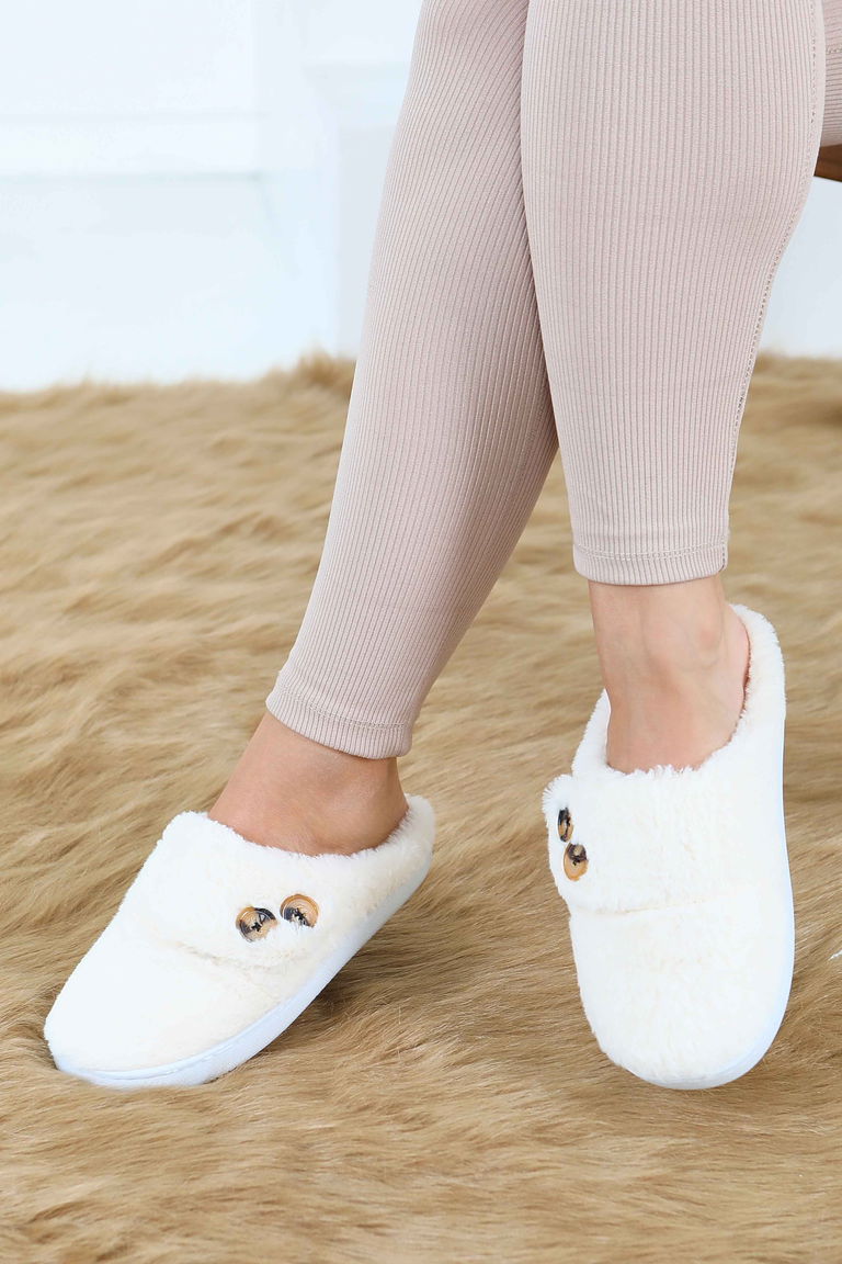 Kadın Krem Düğmeli Düz Ev Terliği - 27777-KREM - TOFİSA