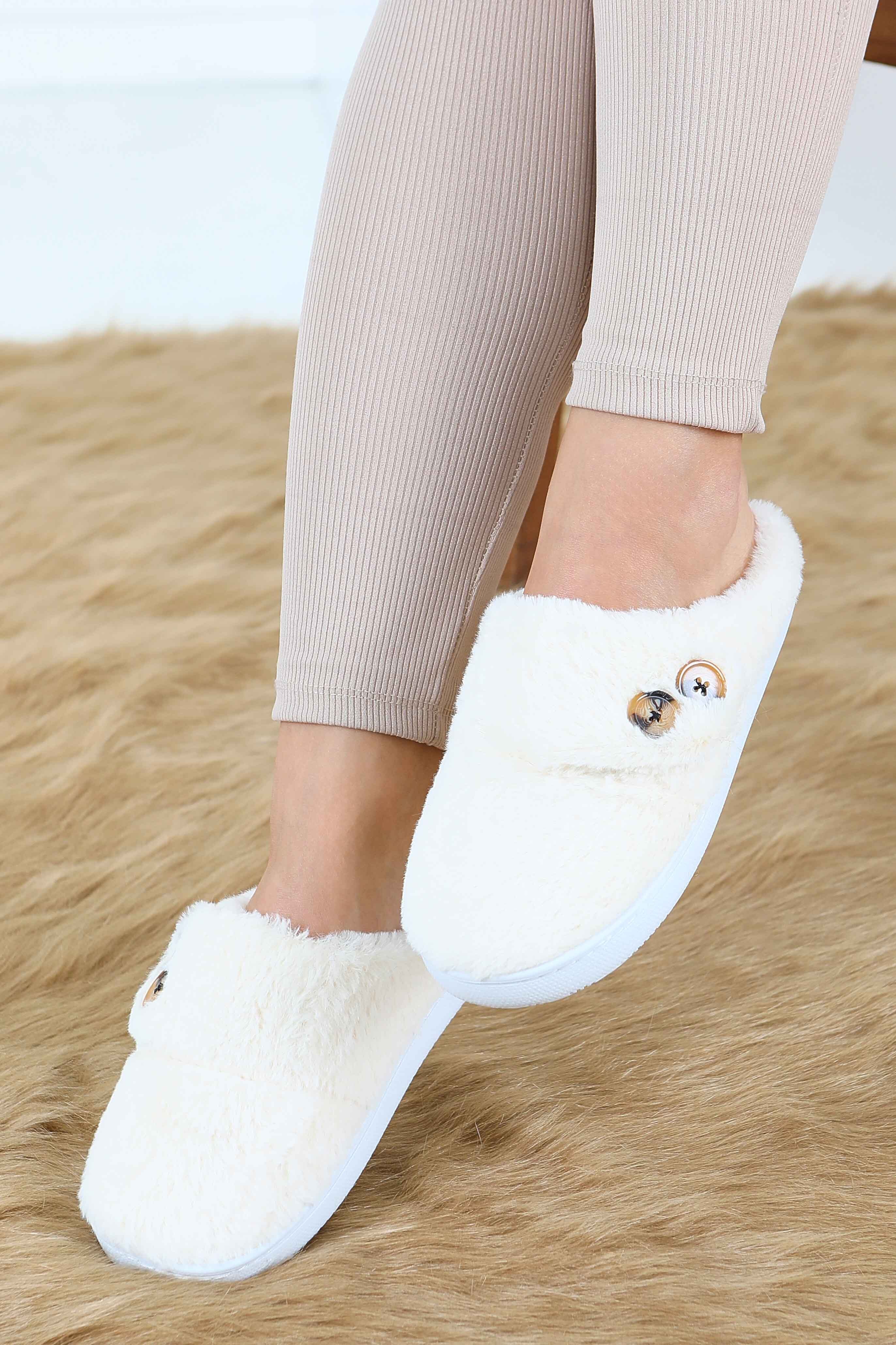 Kadın Krem Düğmeli Düz Ev Terliği - 27777-KREM - 2