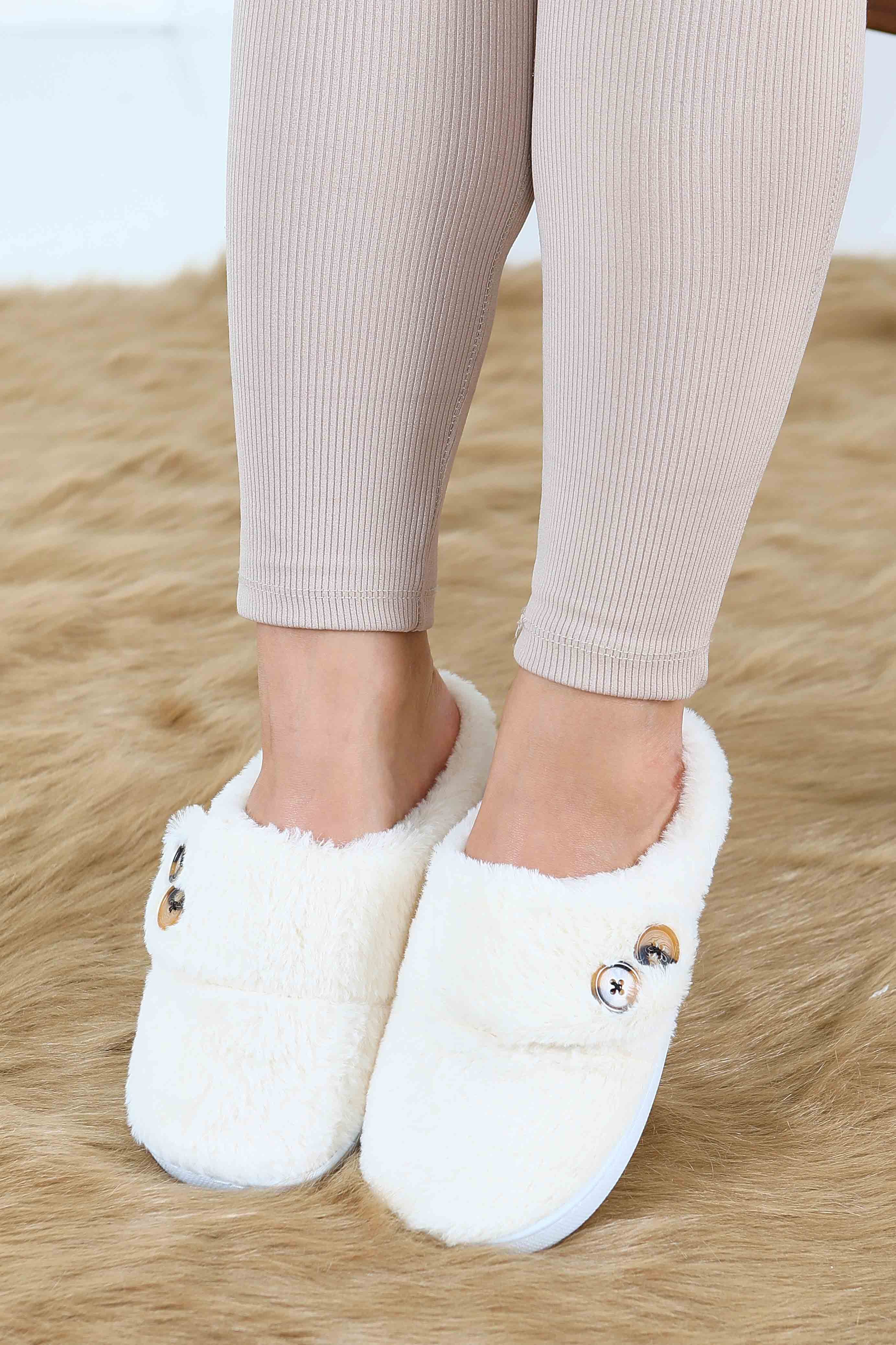 Kadın Krem Düğmeli Düz Ev Terliği - 27777-KREM - 3