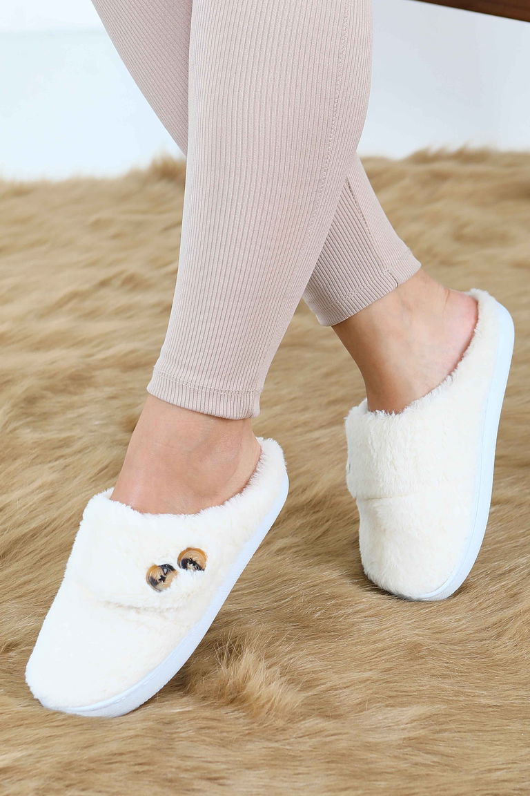 Kadın Krem Düğmeli Düz Ev Terliği - 27777-KREM - TOFİSA