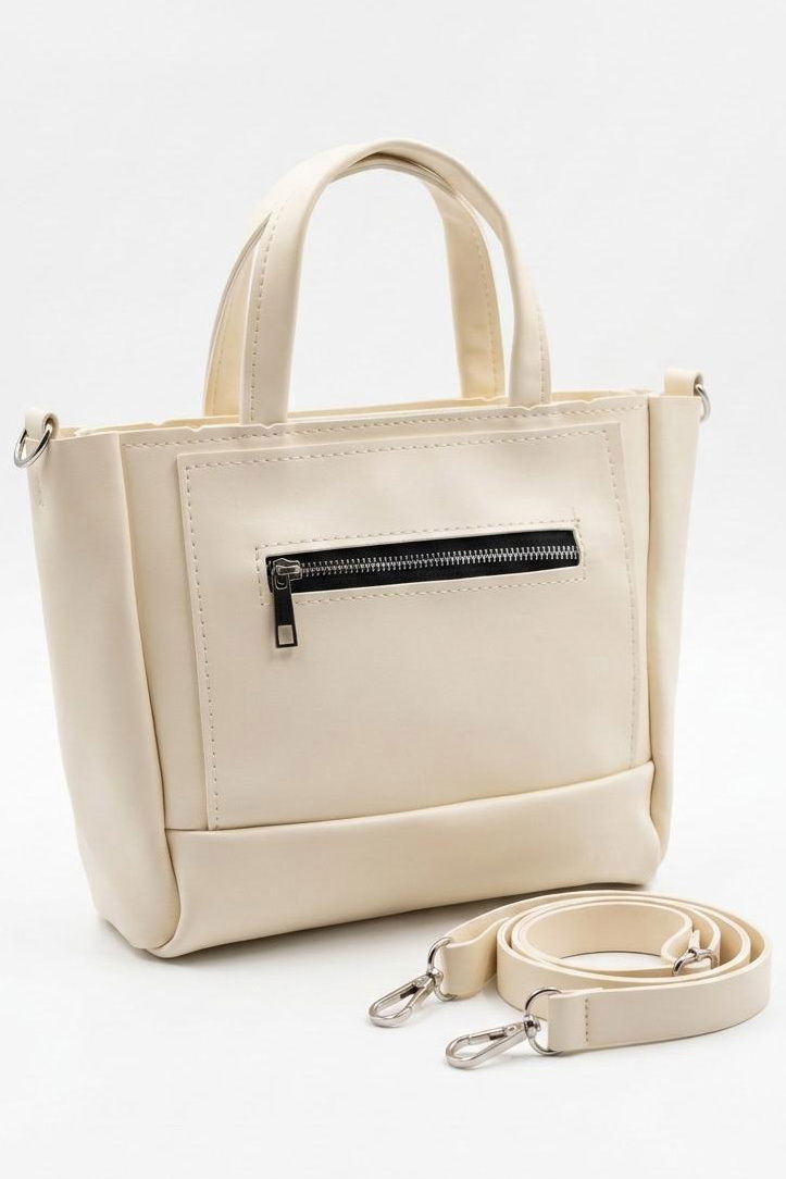 Kadın Krem Fermuarlı Mini Suni Deri Çanta - 28315-KREM - 1