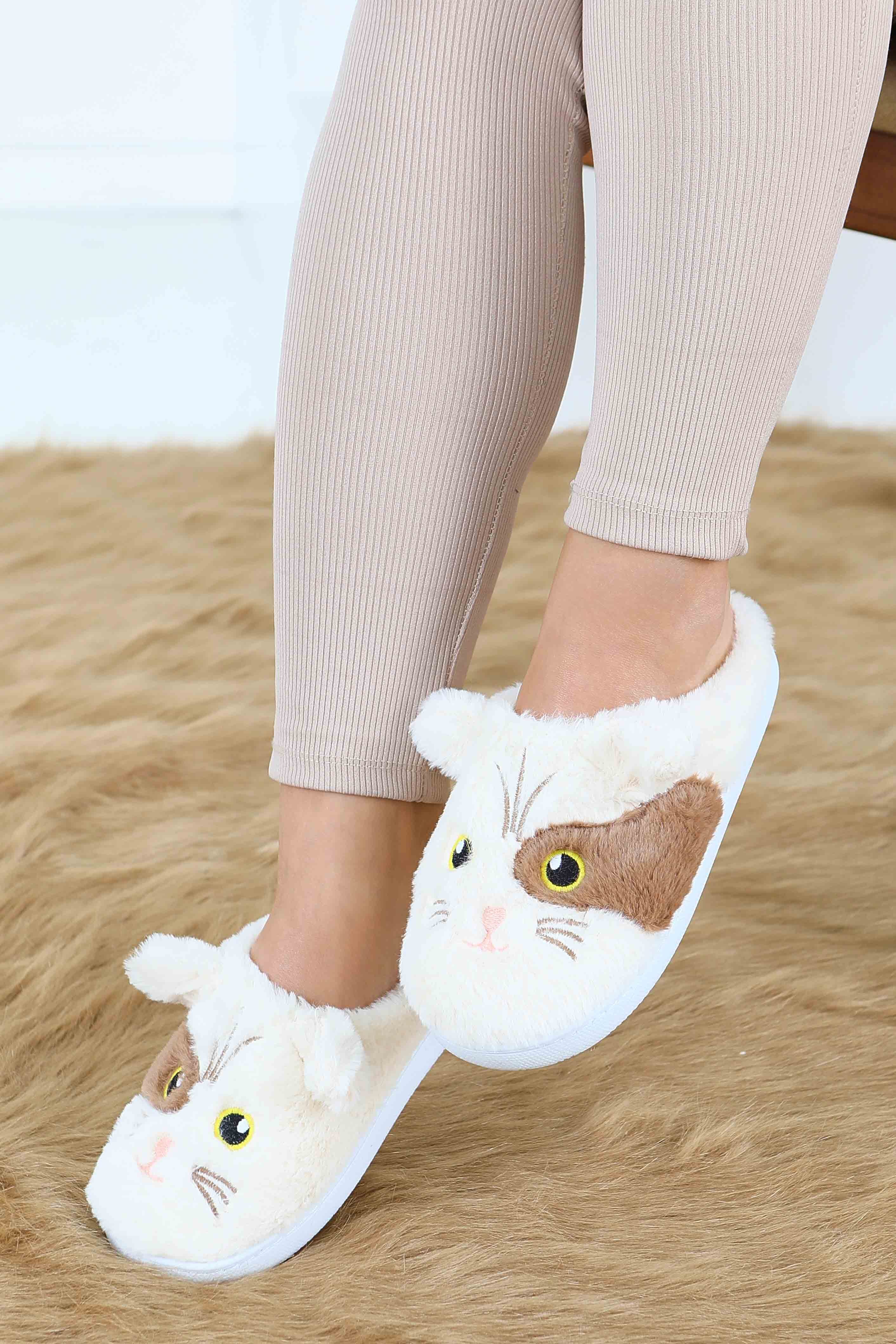 Kadın Krem Kedi İşleme Detaylı Ev Terliği - 27778-KREM - 5
