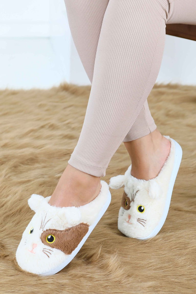 Kadın Krem Kedi İşleme Detaylı Ev Terliği - 27778-KREM - TOFİSA