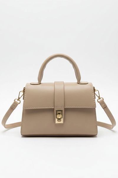 Kadın Krem Kilitli Mıni Suni Deri Çanta - 28142-KREM 