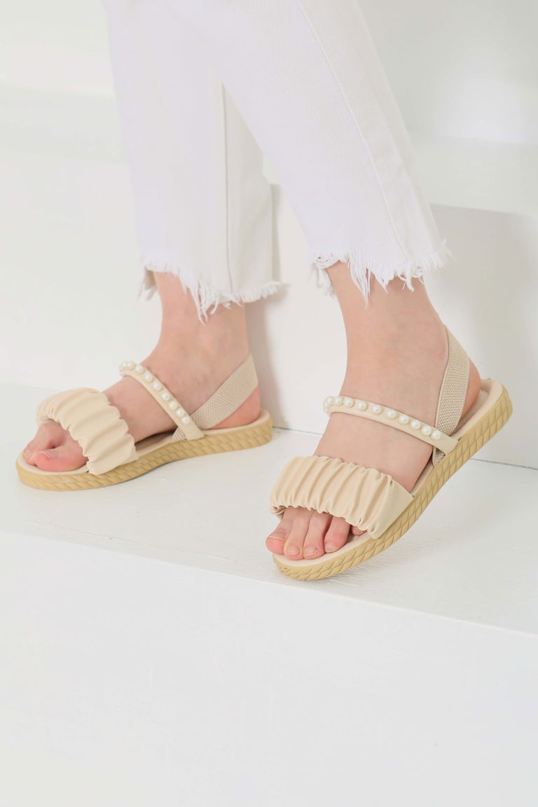 Kadın Krem Lastili İncili Sandelet - 27108 - TOFİSA