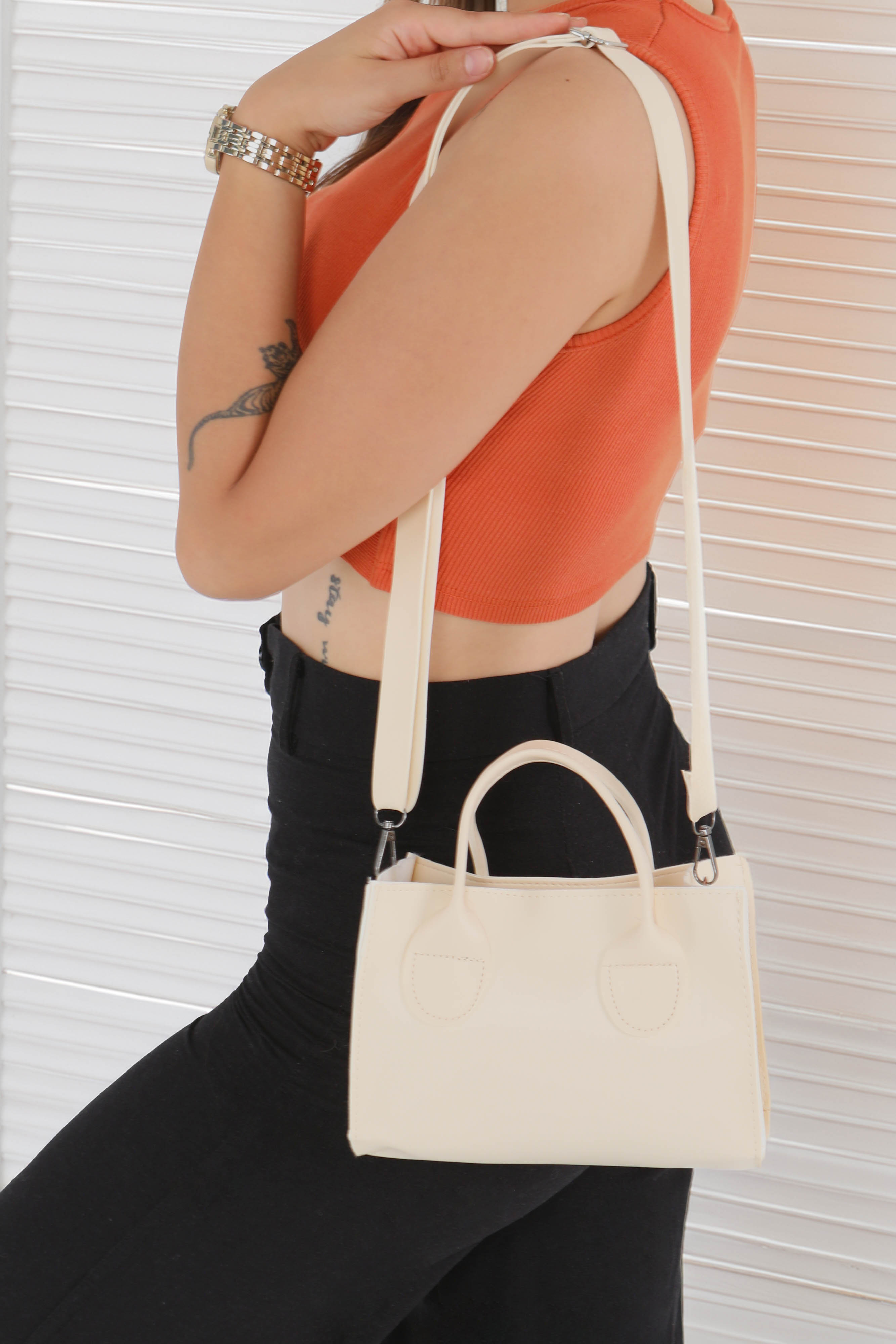 Kadın Krem Mini El Çantası - 27466 - 4
