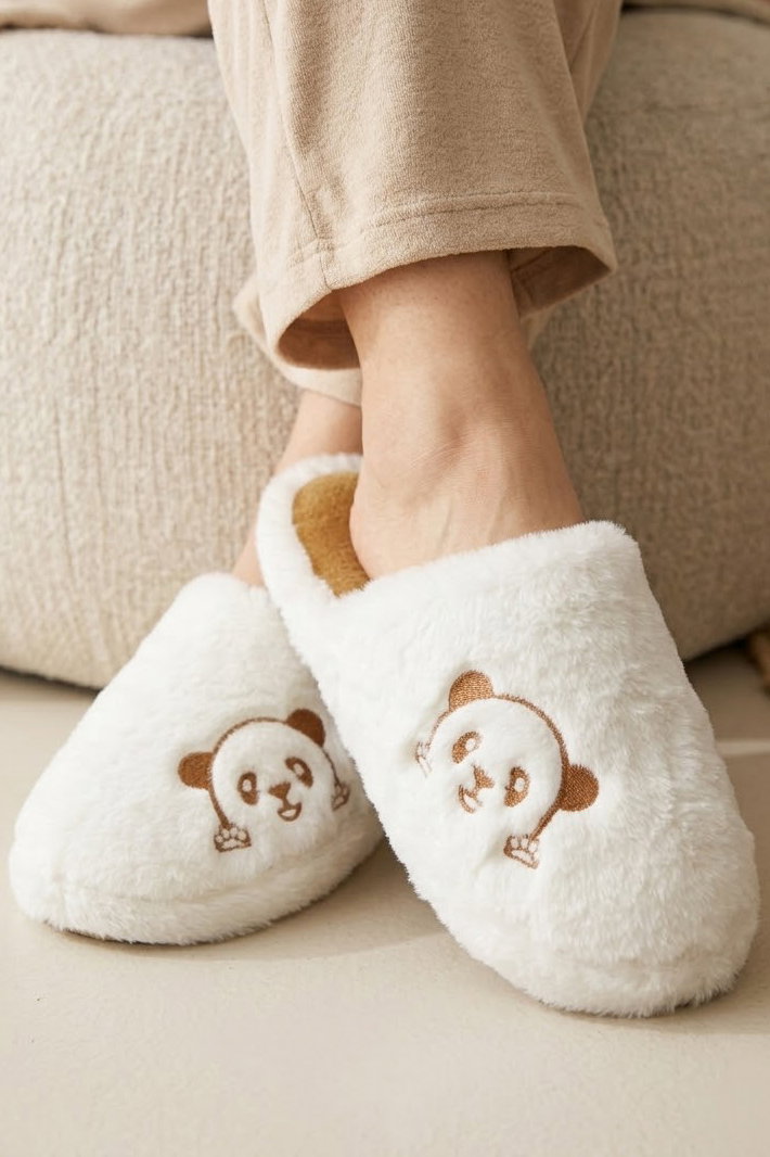 Kadın Krem Panda Nakışlı Ev Terliği - 29134-KREM - 1