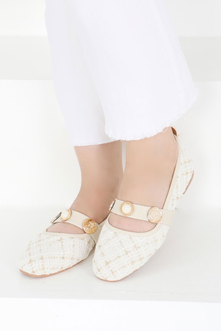 Kadın Krem Pul İncili Babet - 27413 - TOFİSA