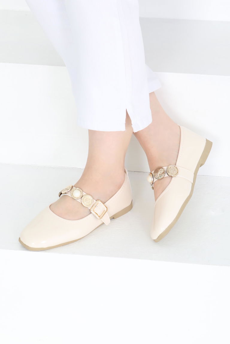 Kadın Krem Rugan İncili Babet Ayakkabı - 27288 - TOFİSA