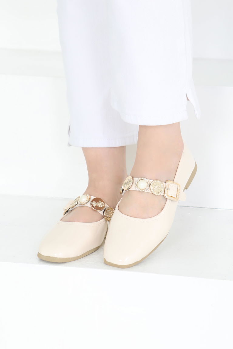 Kadın Krem Rugan İncili Babet Ayakkabı - 27288 - TOFİSA