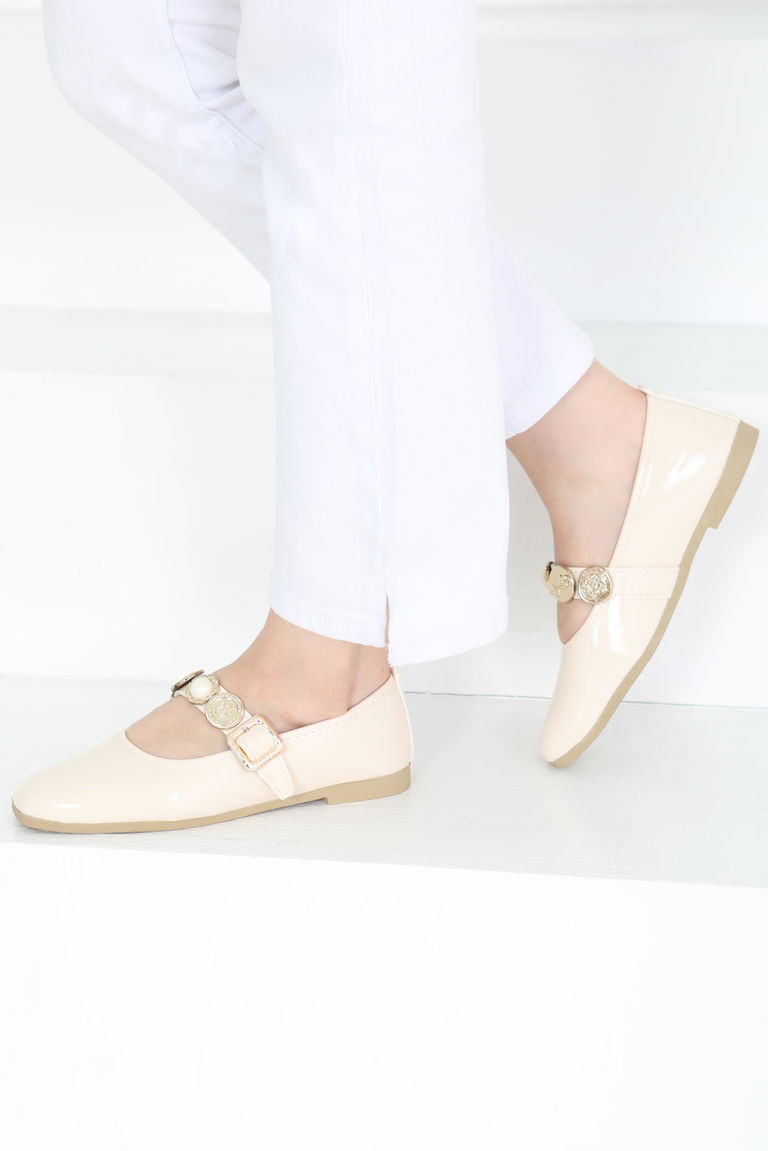 Kadın Krem Rugan İncili Babet Ayakkabı - 27288 - TOFİSA