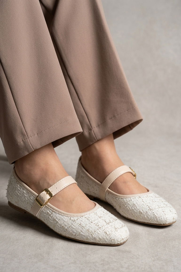 Kadın Krem Sim Detaylı Kemerli Babet - 28338-KREM - 1