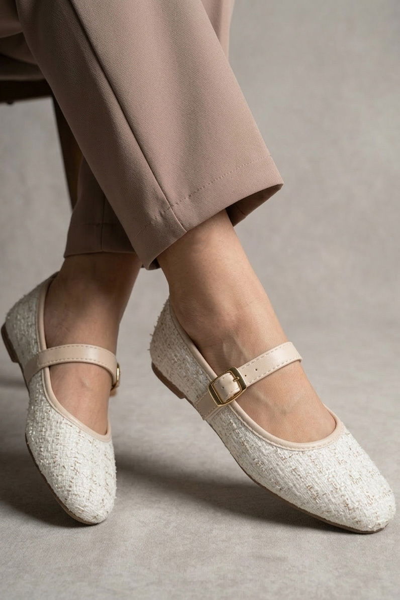 Kadın Krem Sim Detaylı Kemerli Babet - 28338-KREM - 2