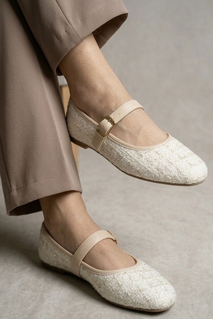 Kadın Krem Sim Detaylı Kemerli Babet - 28338-KREM - 3