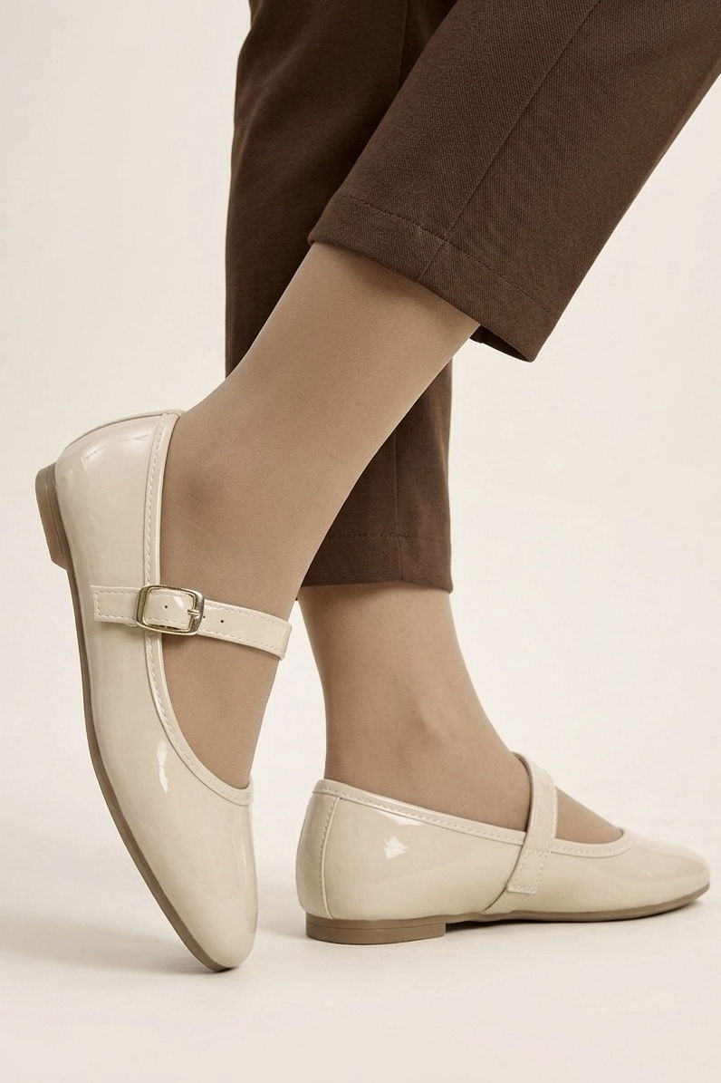 Kadın Krem Suni Deri Rugan Babet - 28337-KREM - 2