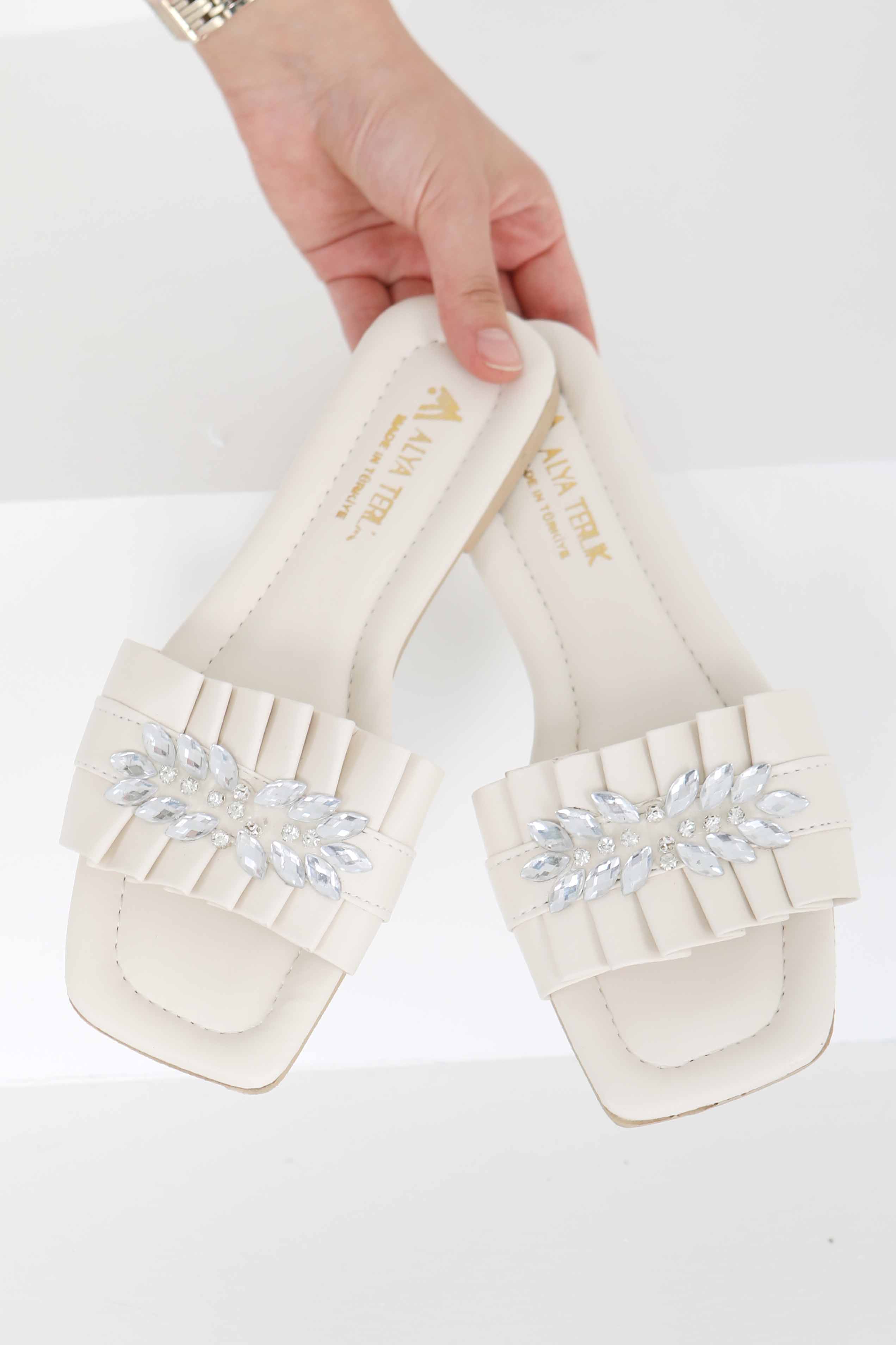 Kadın Krem Taşlı Terlik - 27402 - 4