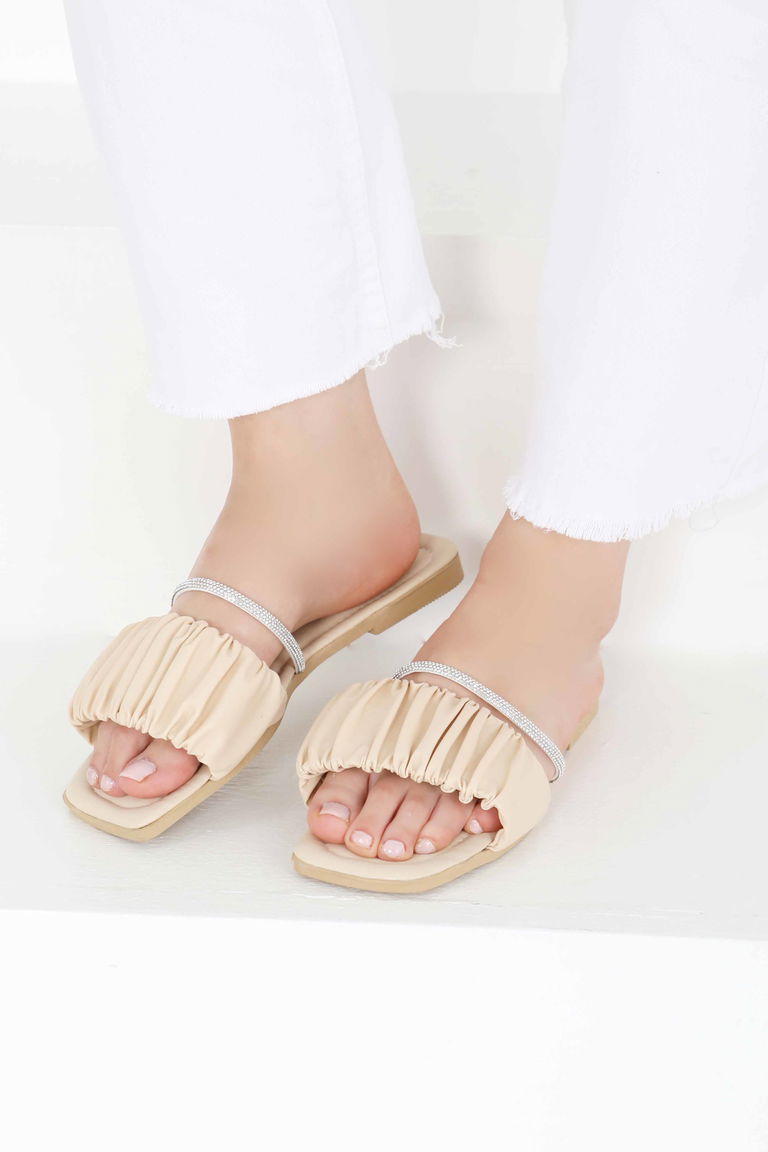 Kadın Krem Taşlı Terlik - 27405 - TOFİSA