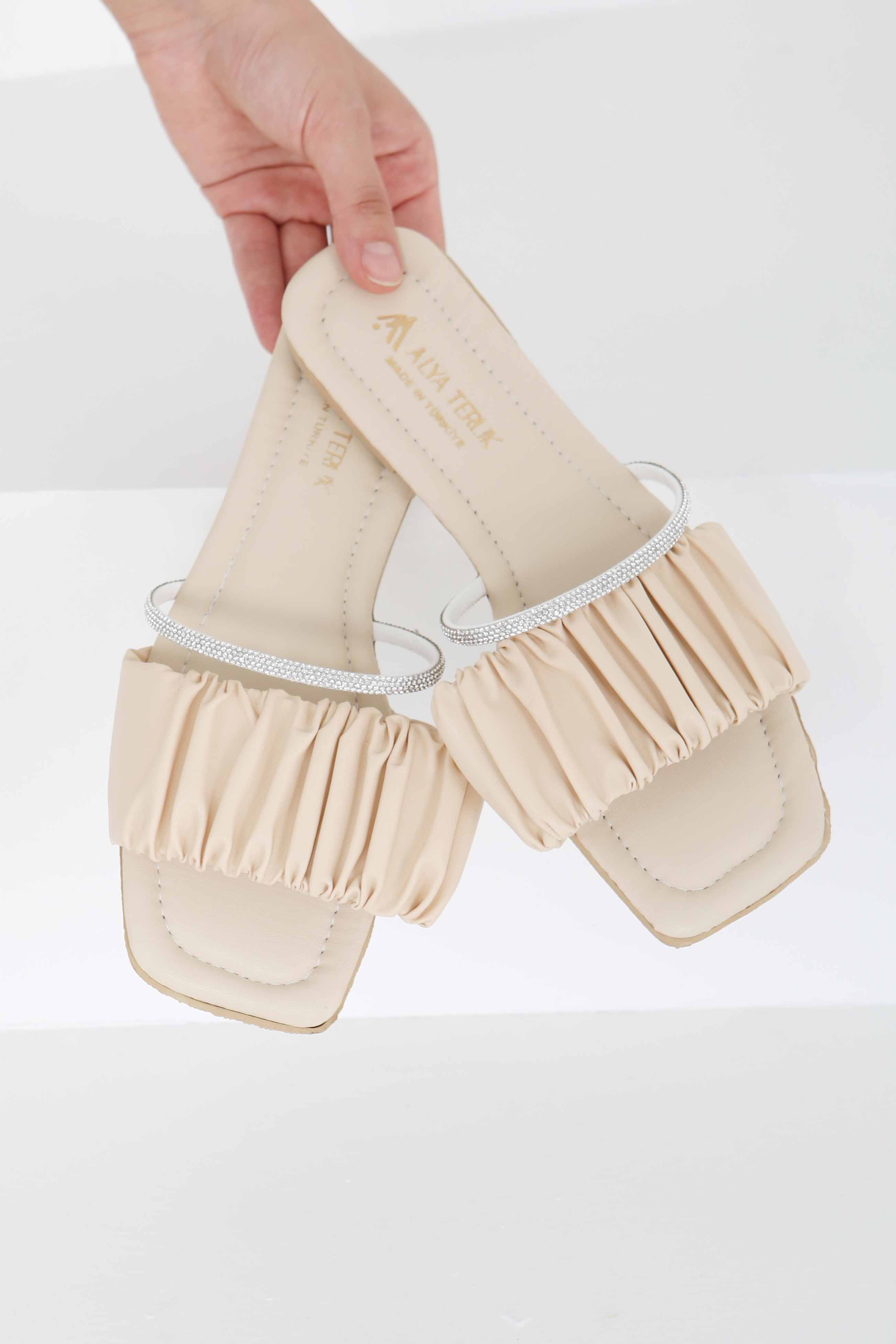 Kadın Krem Taşlı Terlik - 27405 - 5