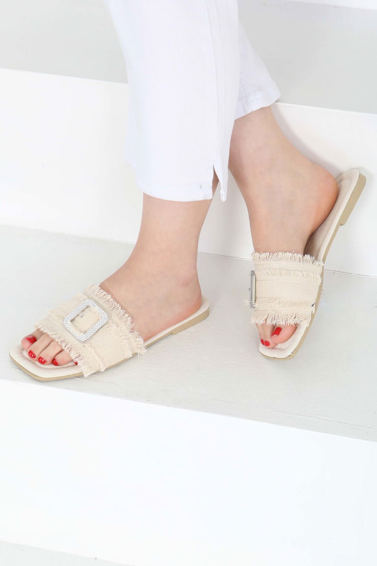 Kadın Krem Tokalı Kot Terlik - 27159 - TOFİSA