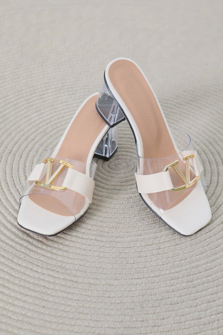 Kadın Krem Tokalı Şeffaf Topuklu Terlik - 27113 - TOFİSA