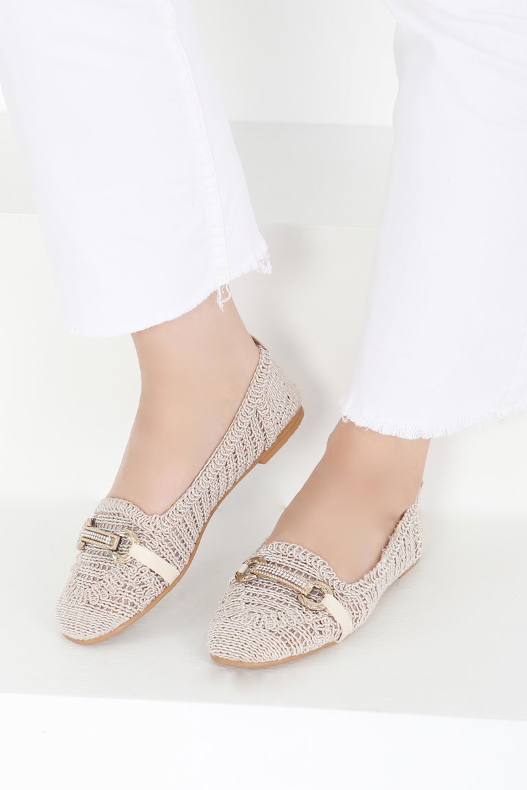 Kadın Krem Triko Tokalı Babet - 27414 - TOFİSA