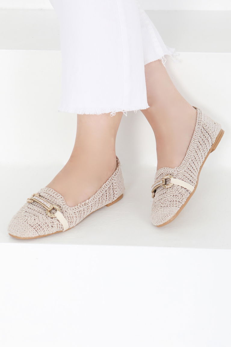 Kadın Krem Triko Tokalı Babet - 27414 - TOFİSA