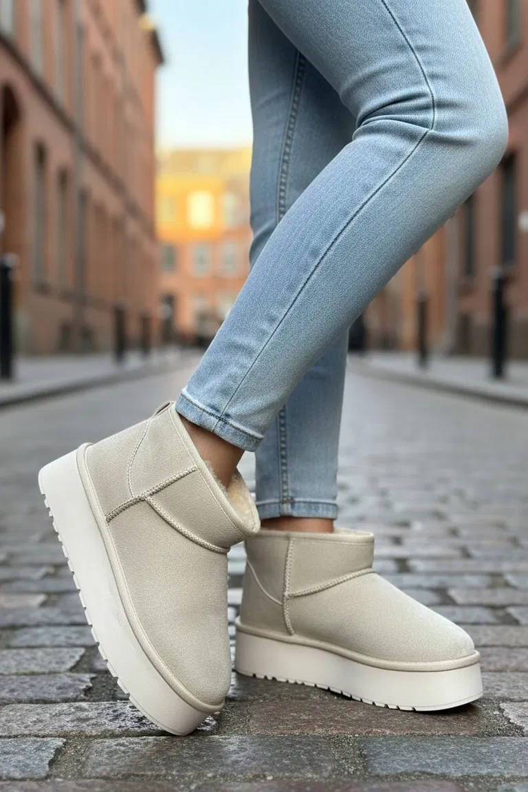 Kadın Krem Yüksek Taban Yarım Süet Bot - 28078-KREM - TOFİSA