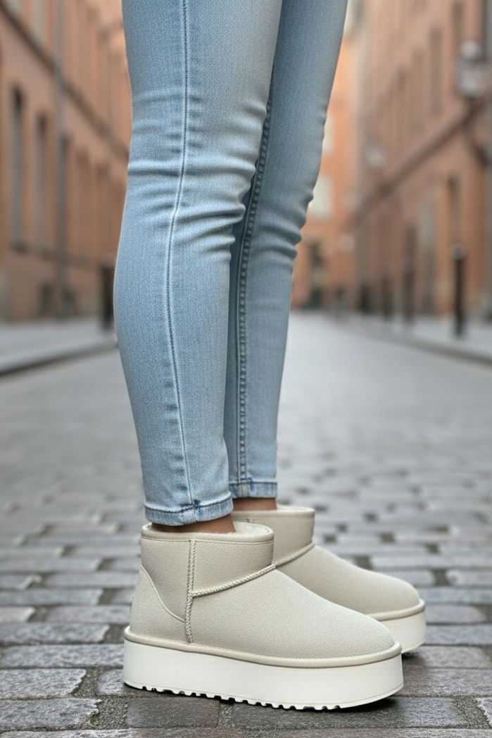 Kadın Krem Yüksek Taban Yarım Süet Bot - 28078-KREM - TOFİSA