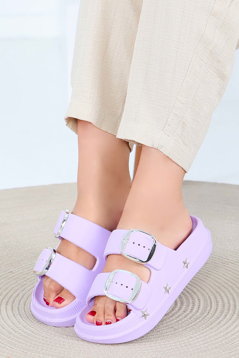 Kadın Lila Çift Kemerli Terlik - 27565 - TOFİSA