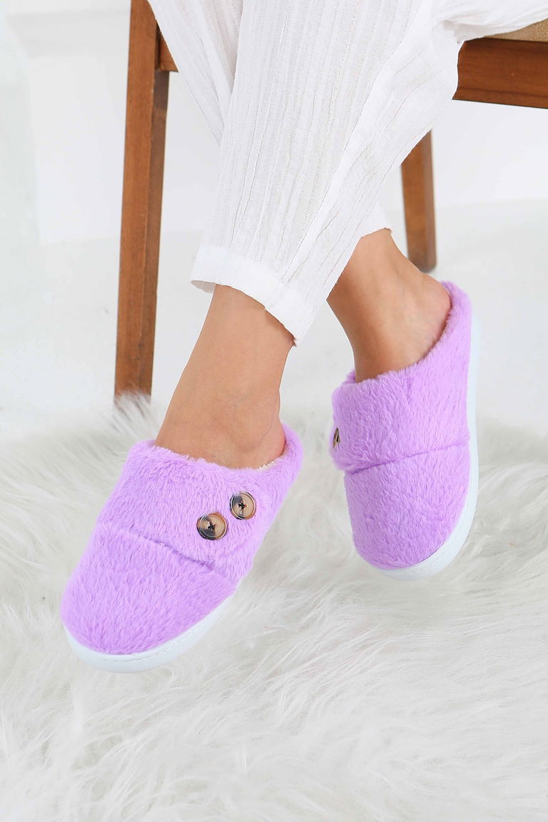 Kadın Lila Düğmeli Düz Ev Terliği - 27777-LILA - TOFİSA