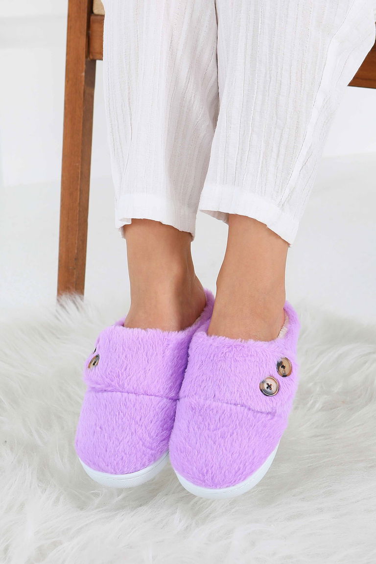 Kadın Lila Düğmeli Düz Ev Terliği - 27777-LILA - TOFİSA