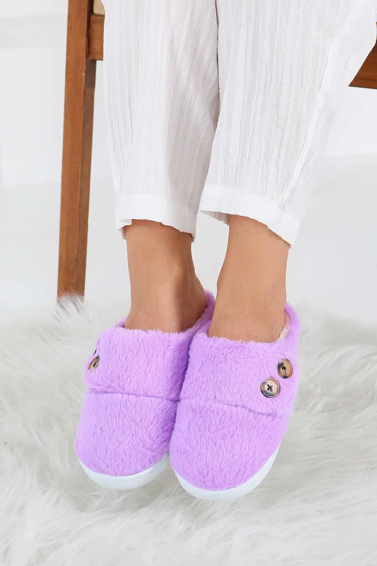 Kadın Lila Düğmeli Düz Ev Terliği - 27777-LILA - TOFİSA