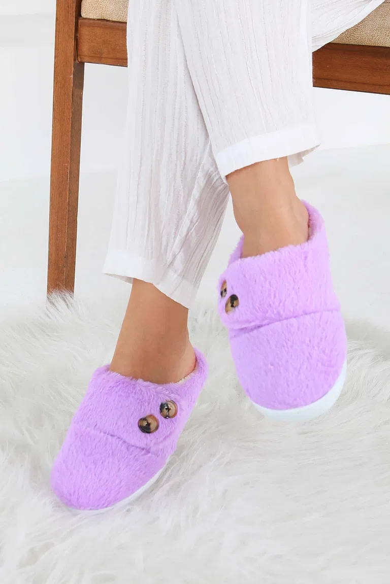 Kadın Lila Düğmeli Düz Ev Terliği - 27777-LILA - TOFİSA