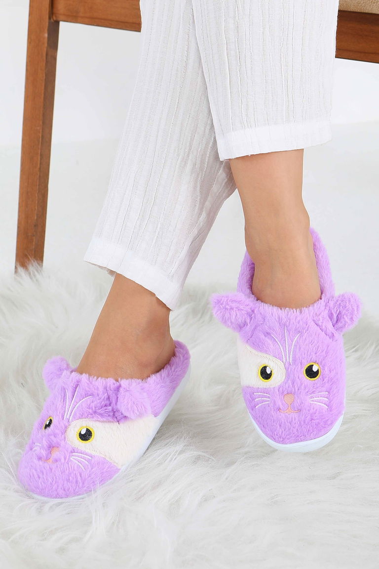 Kadın Lila Kedi İşleme Detaylı Ev Terliği - 27778-LILA - TOFİSA