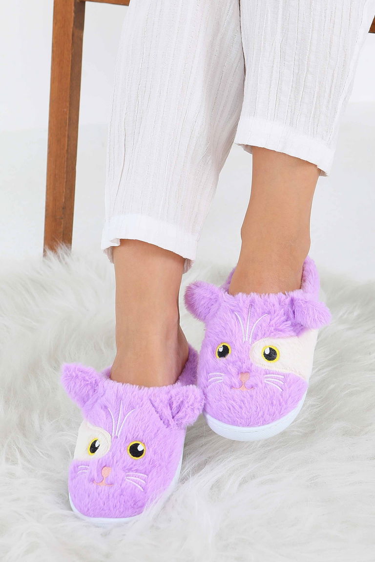 Kadın Lila Kedi İşleme Detaylı Ev Terliği - 27778-LILA - TOFİSA