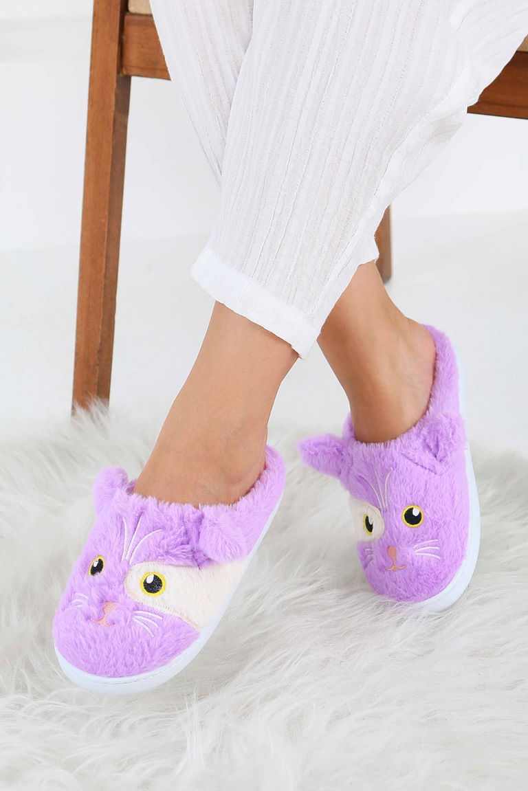 Kadın Lila Kedi İşleme Detaylı Ev Terliği - 27778-LILA - TOFİSA