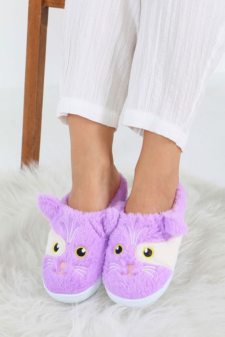 Kadın Lila Kedi İşleme Detaylı Ev Terliği - 27778-LILA - TOFİSA