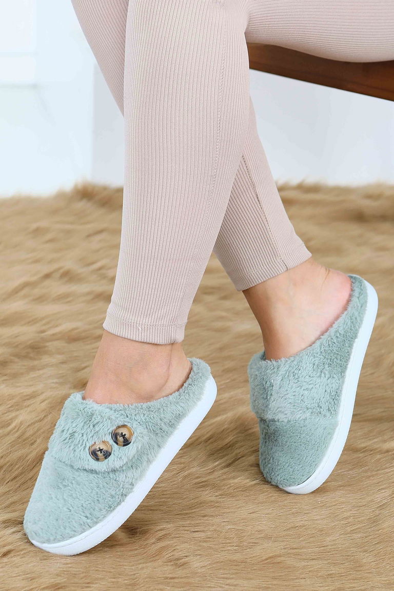 Kadın Mint Düğmeli Düz Ev Terliği - 27777-MINT - TOFİSA