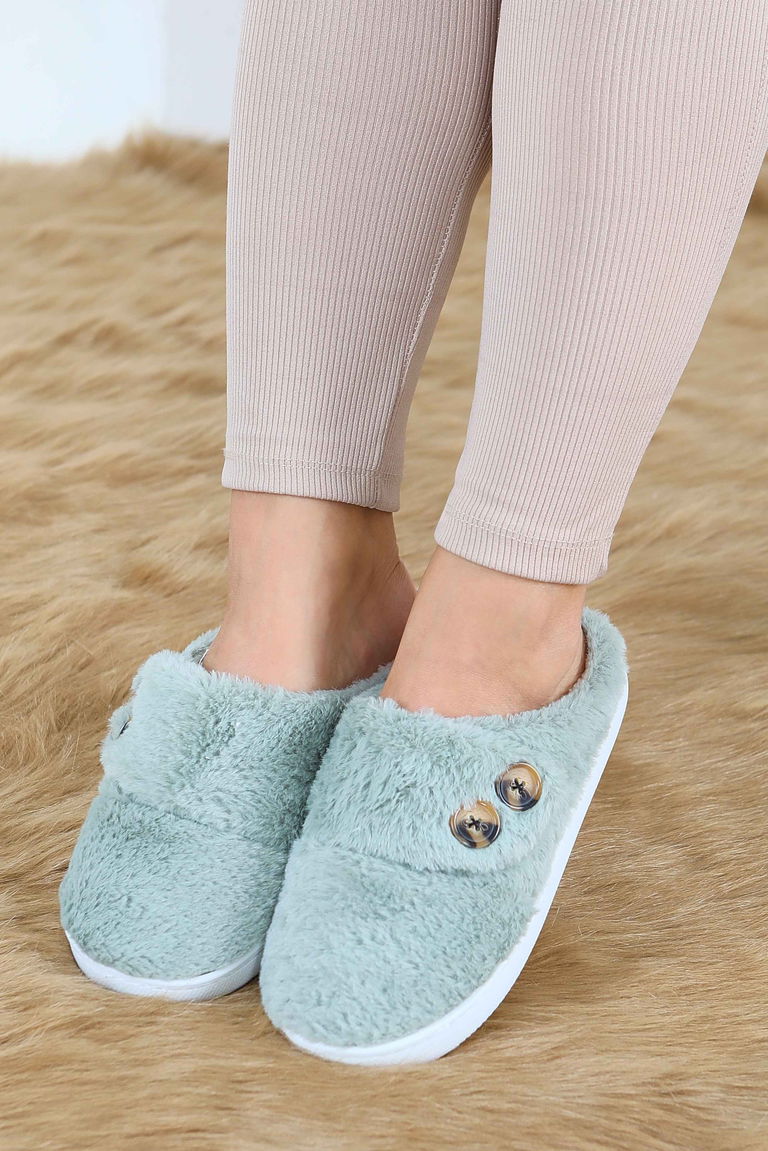 Kadın Mint Düğmeli Düz Ev Terliği - 27777-MINT - TOFİSA