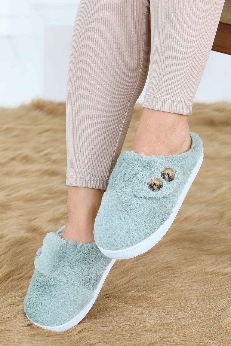 Kadın Mint Düğmeli Düz Ev Terliği - 27777-MINT - TOFİSA