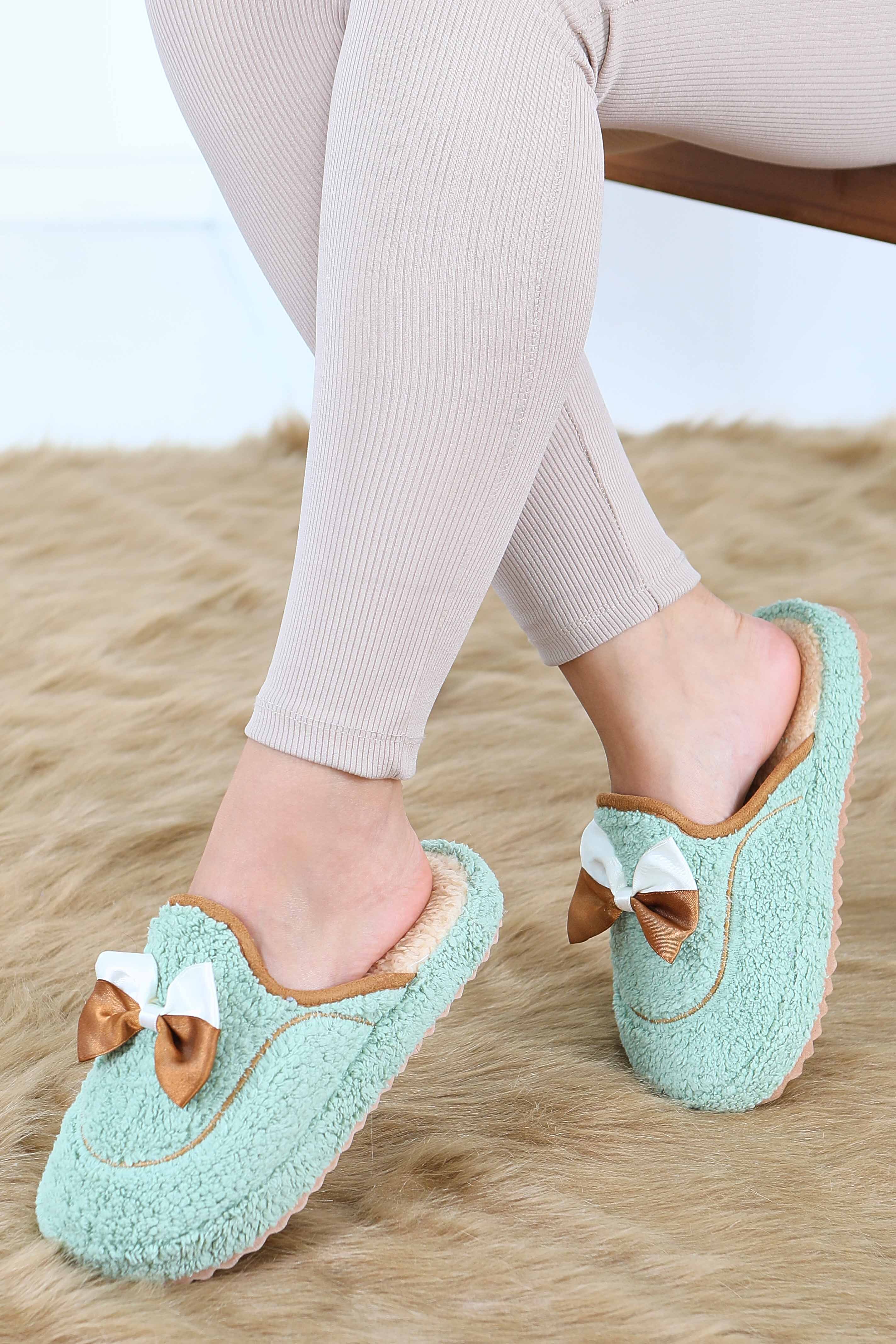 Kadın Mint Fiyonklu Peluş Ev Terliği - 27772-MINT - 6