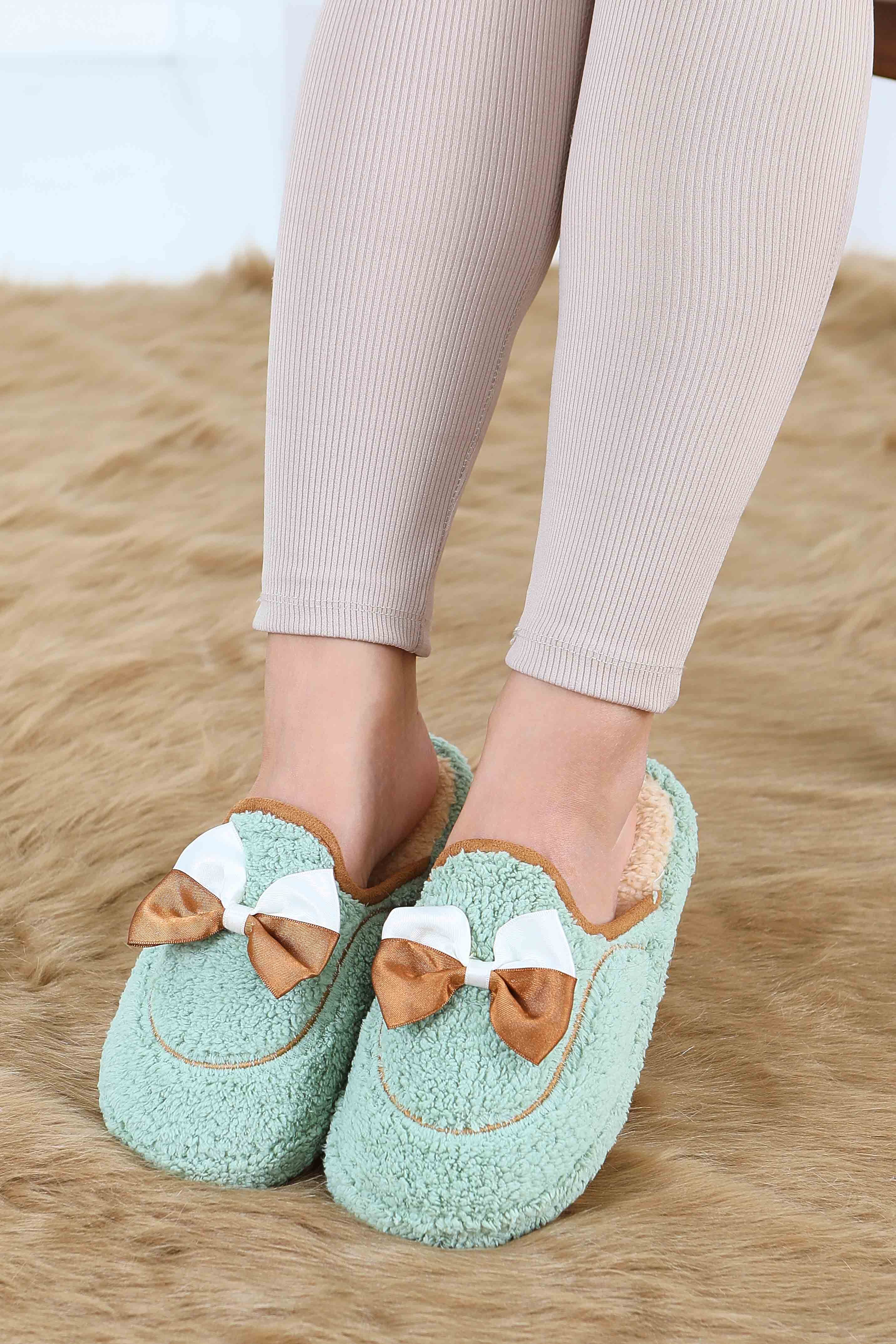 Kadın Mint Fiyonklu Peluş Ev Terliği - 27772-MINT - 7