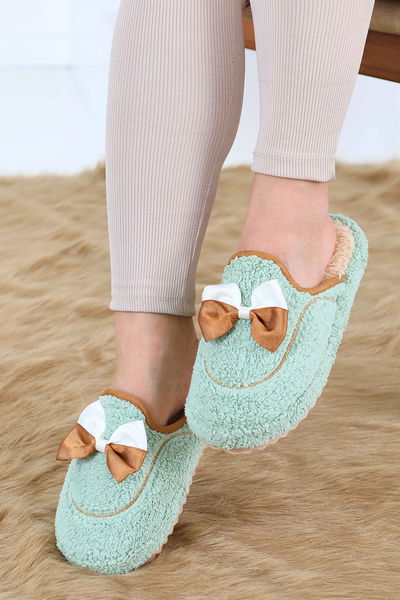 Kadın Mint Fiyonklu Peluş Ev Terliği - 27772-MINT 