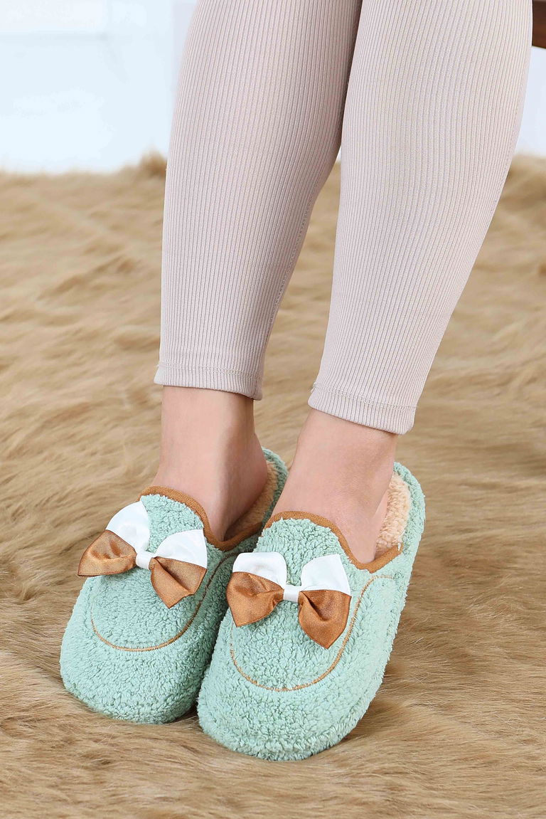 Kadın Mint Fiyonklu Peluş Ev Terliği - 27772-MINT - TOFİSA