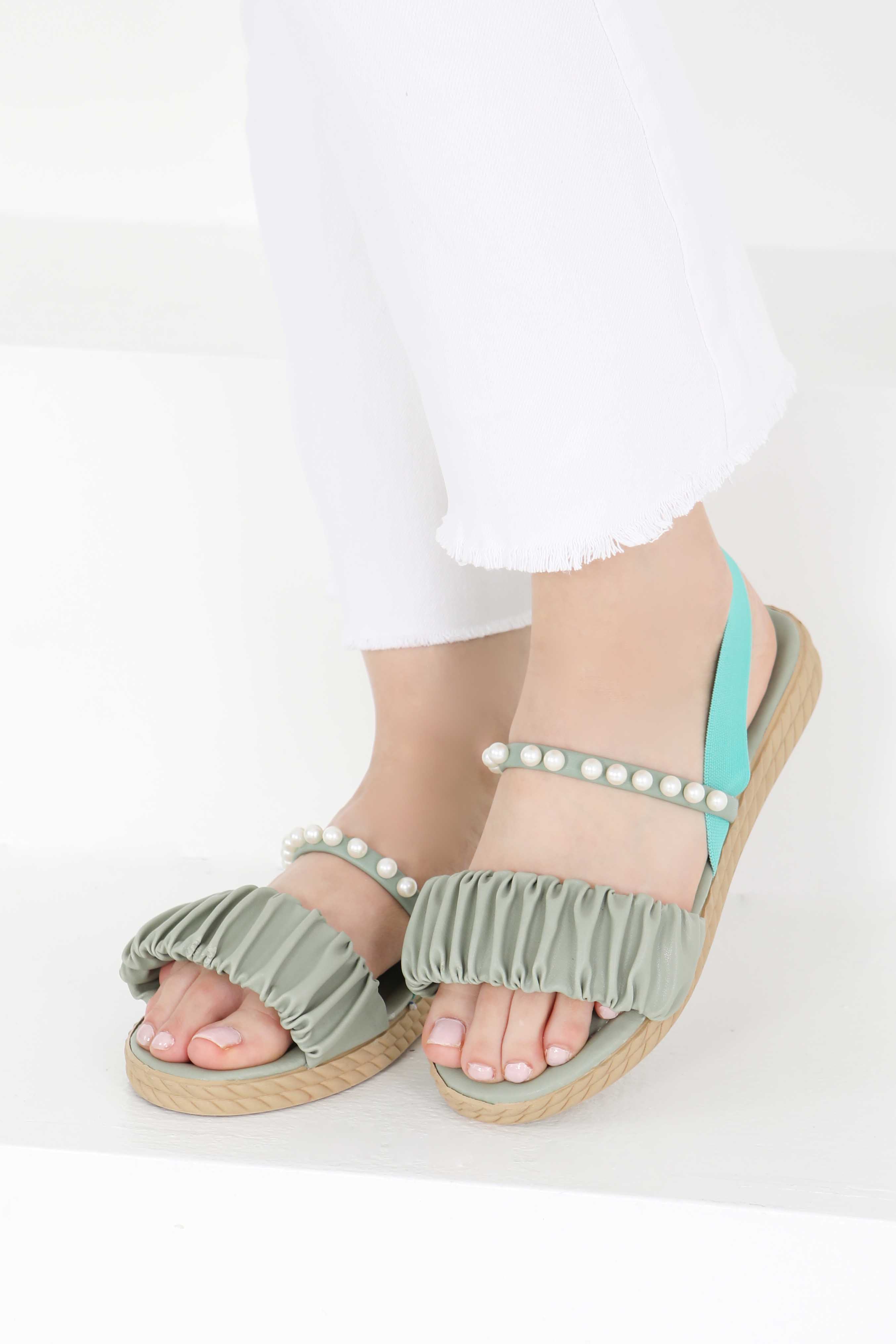 Kadın Mint İncili Sandalet - 27404 - 1