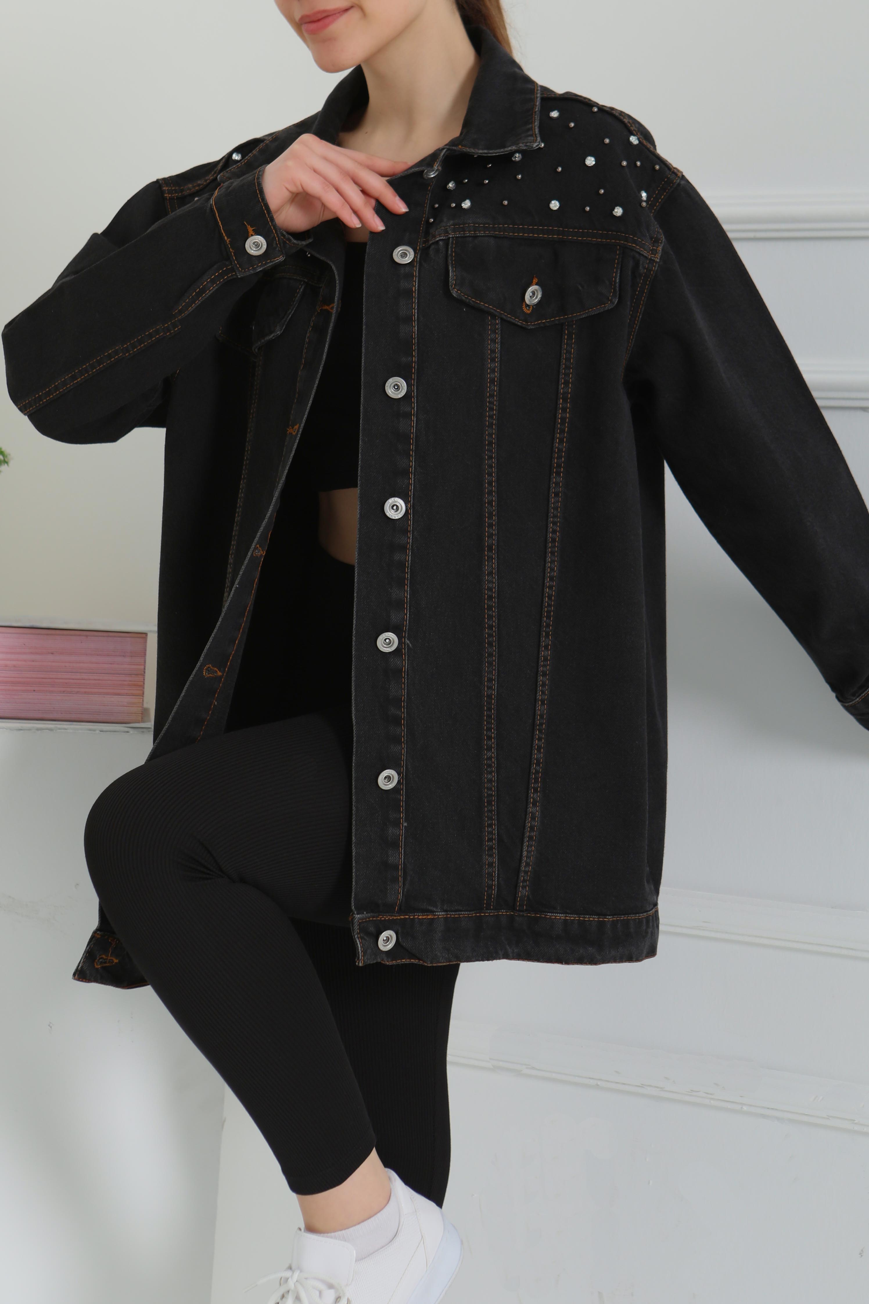 Kadın Omuz Taş Detaylı Oversize Kot Ceket - 26616 - 2