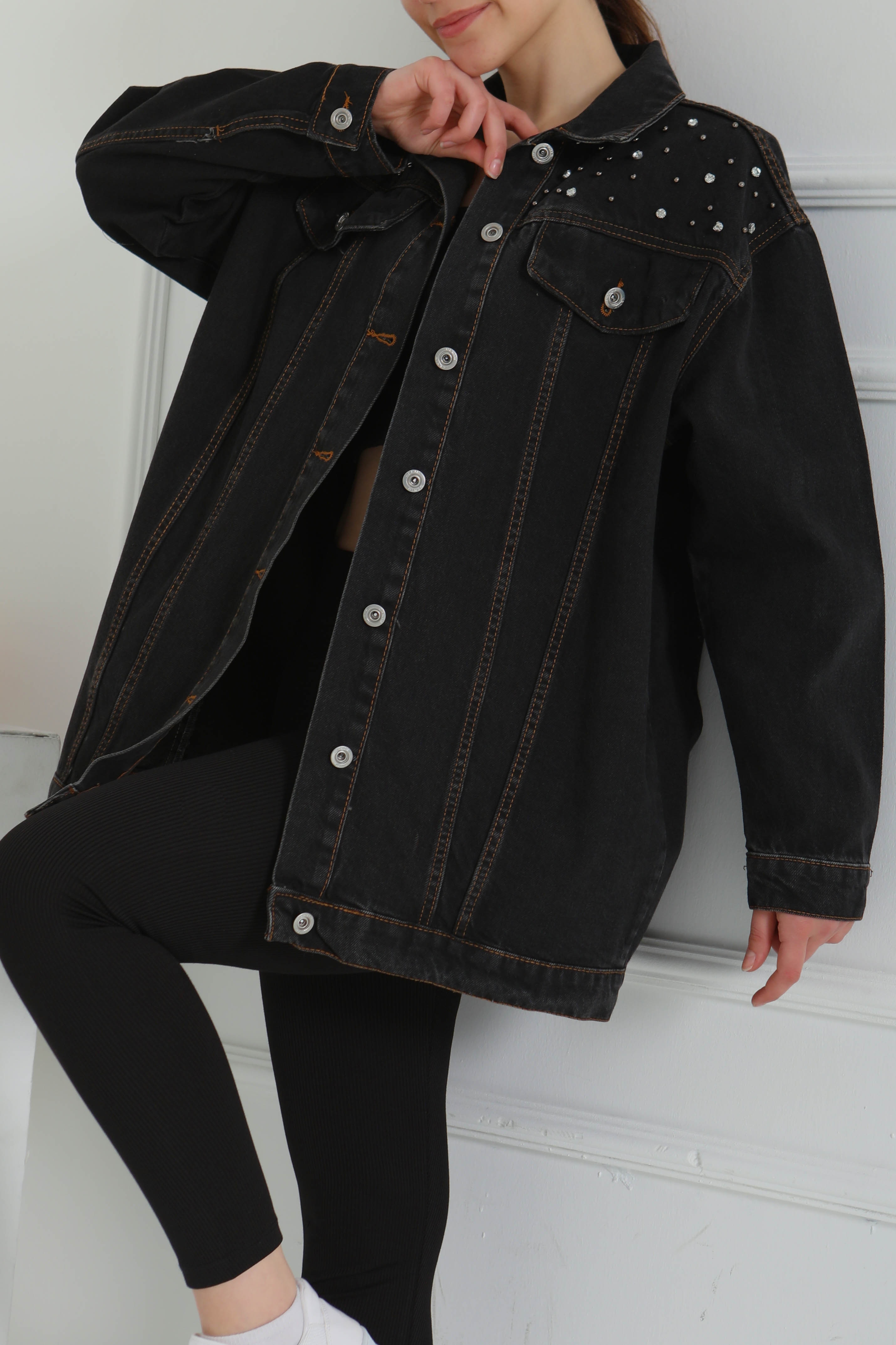 Kadın Omuz Taş Detaylı Oversize Kot Ceket - 26616 - 3