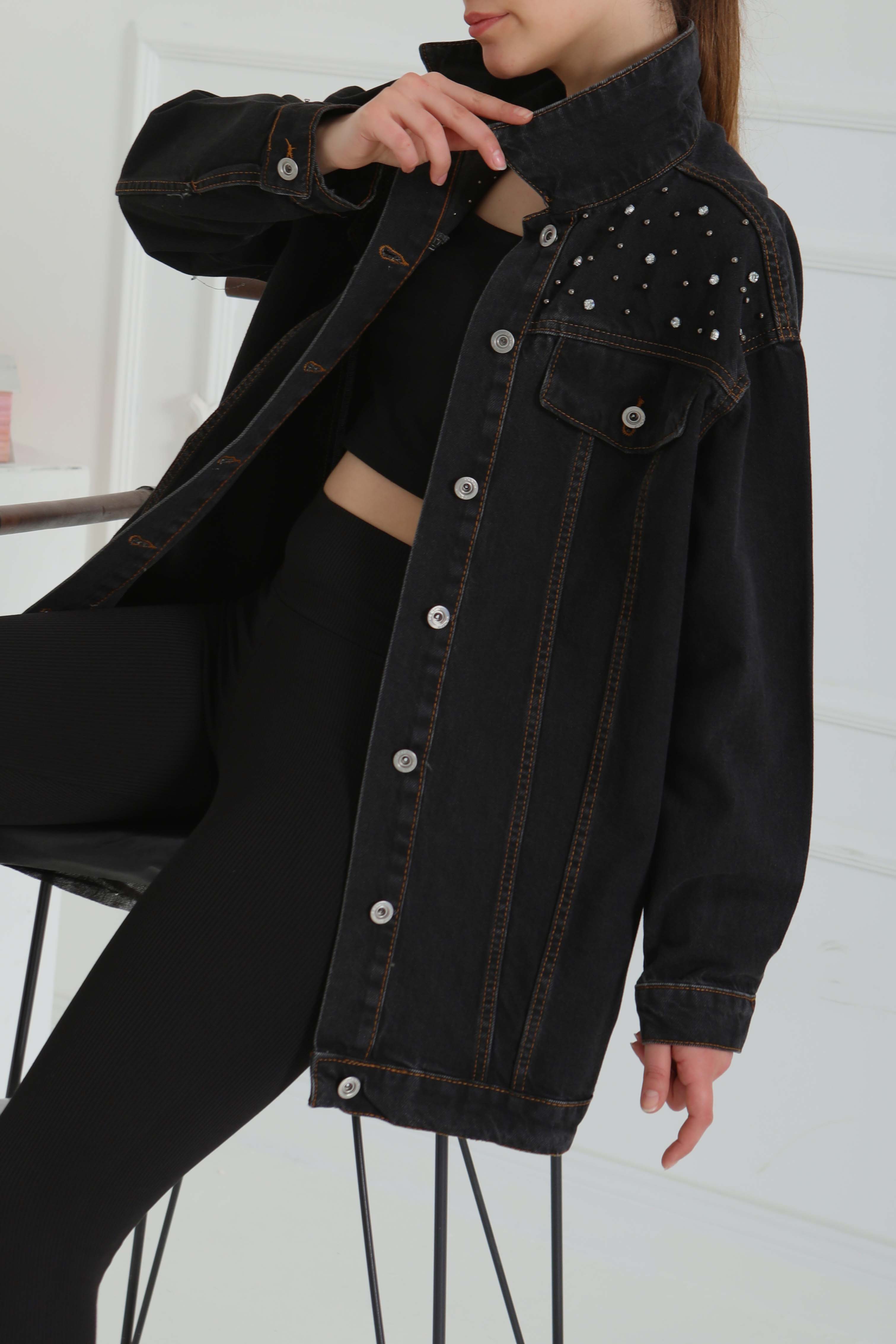 Kadın Omuz Taş Detaylı Oversize Kot Ceket - 26616 - 4