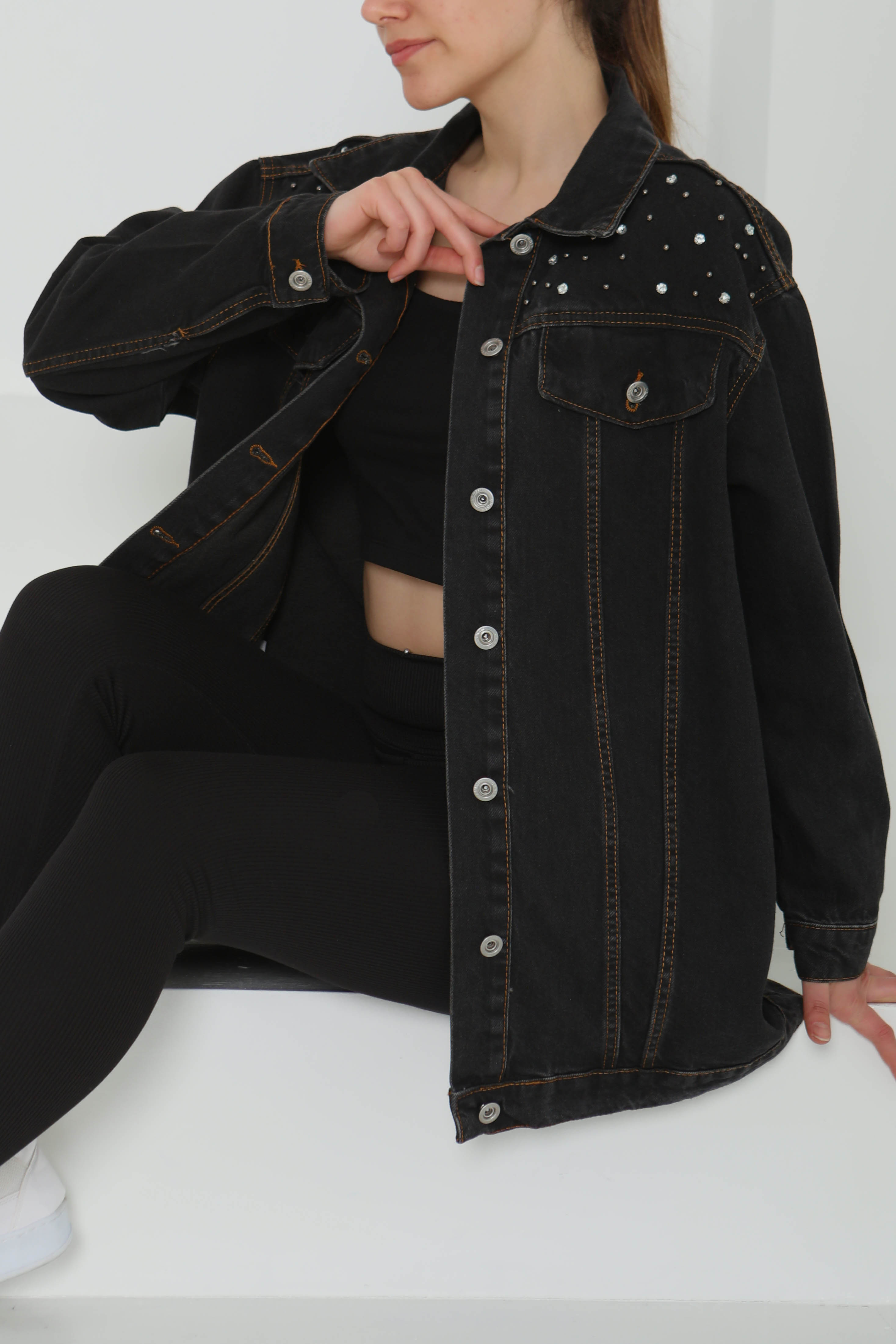 Kadın Omuz Taş Detaylı Oversize Kot Ceket - 26616 - 5