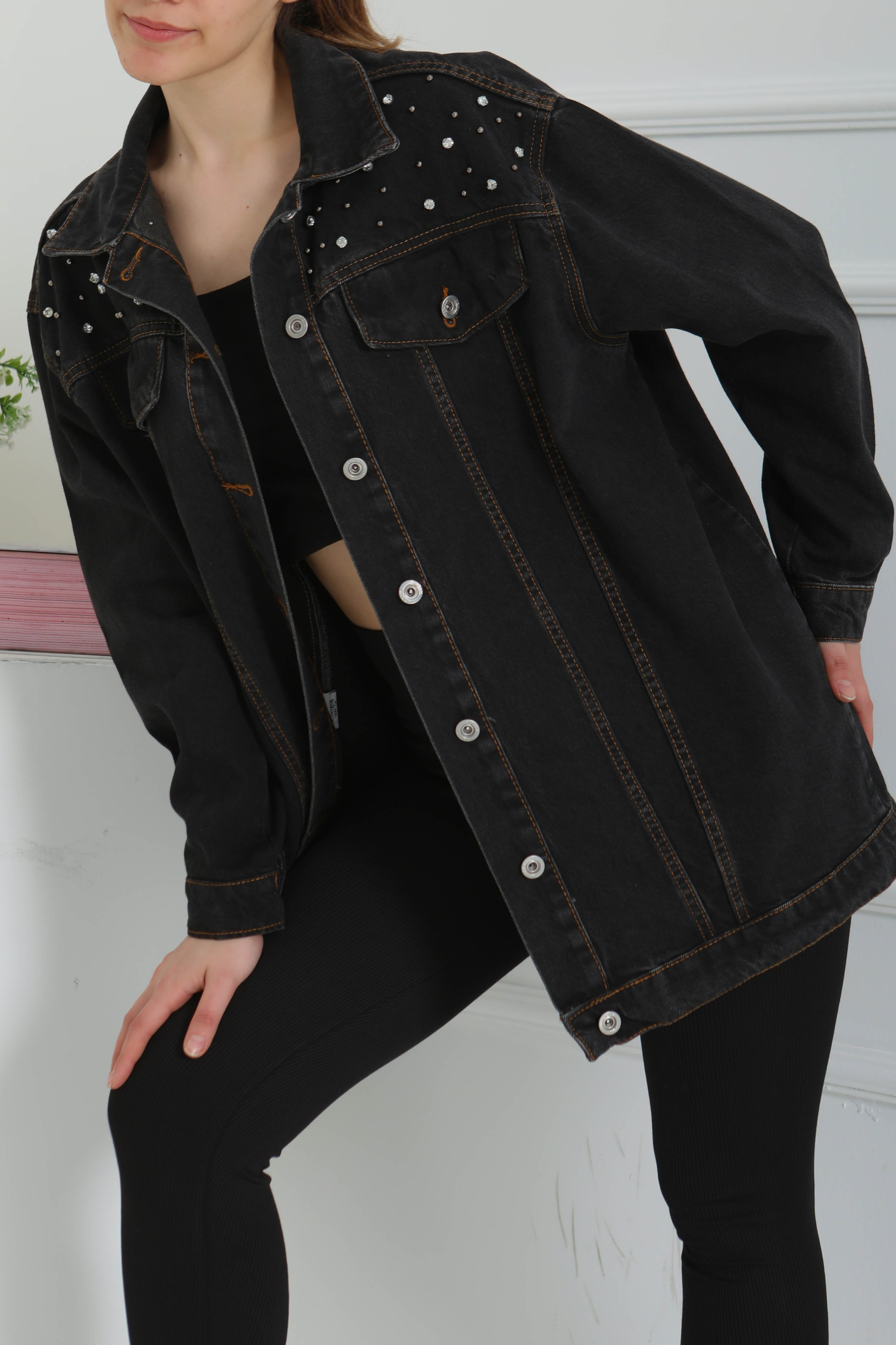 Kadın Omuz Taş Detaylı Oversize Kot Ceket - 26616 - 6